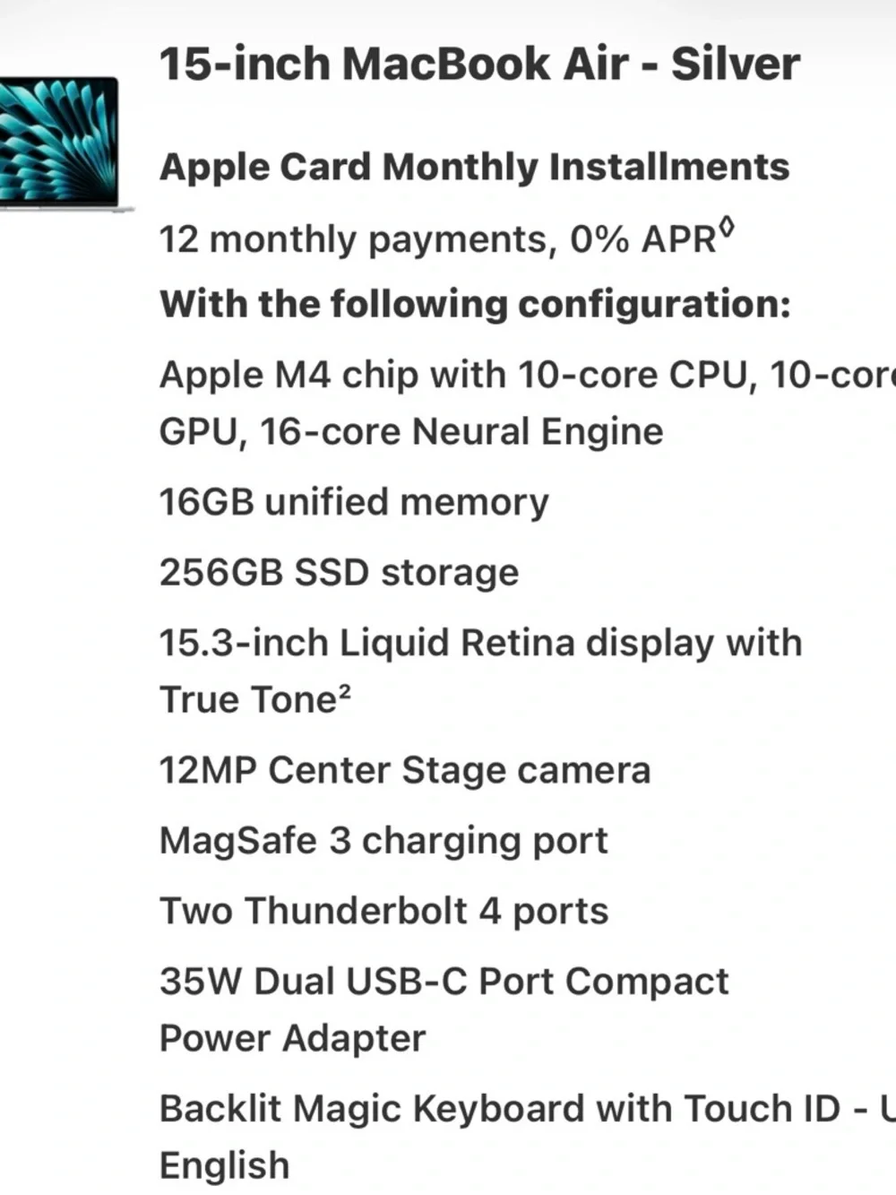 Apple Silver MacBook Air - 15”